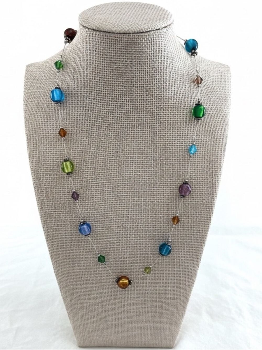 Artisan Multicolor Floating Glass Bead Station Necklace Silver Tone Adjustable